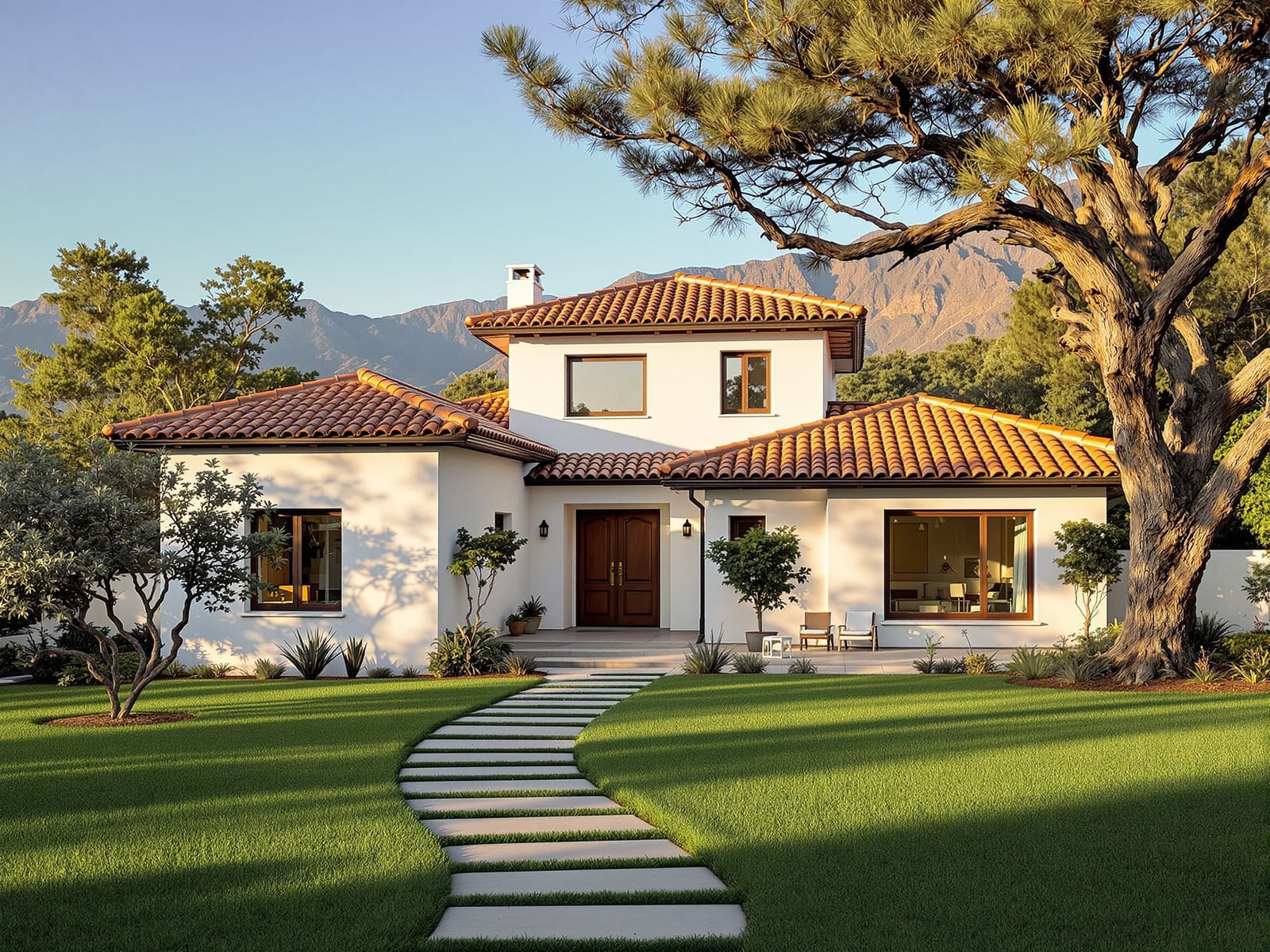 Fachada mediterránea de la casa con el jardín consolidado al frente