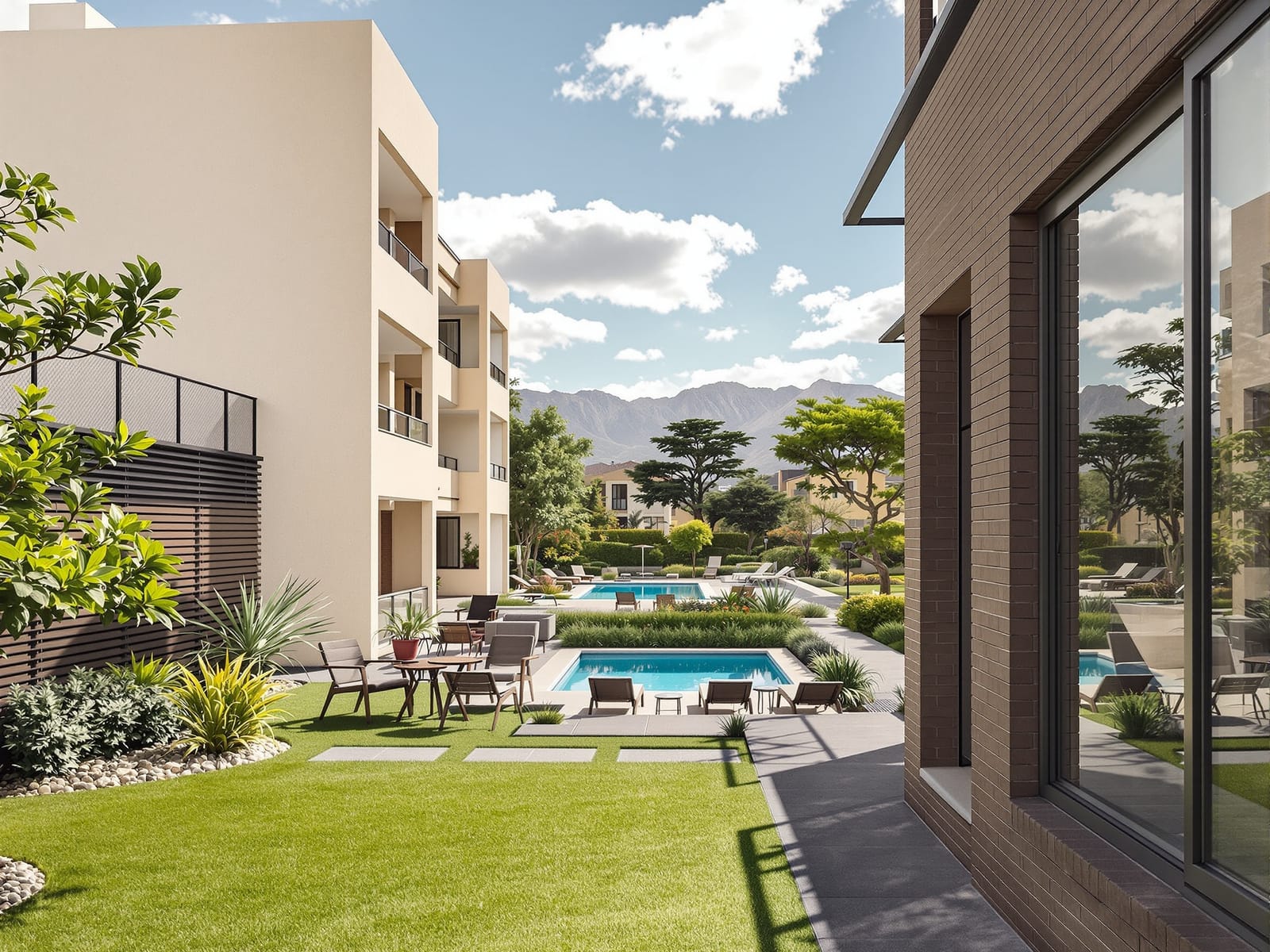 Condominio de baja altura rodeado de áreas verdes