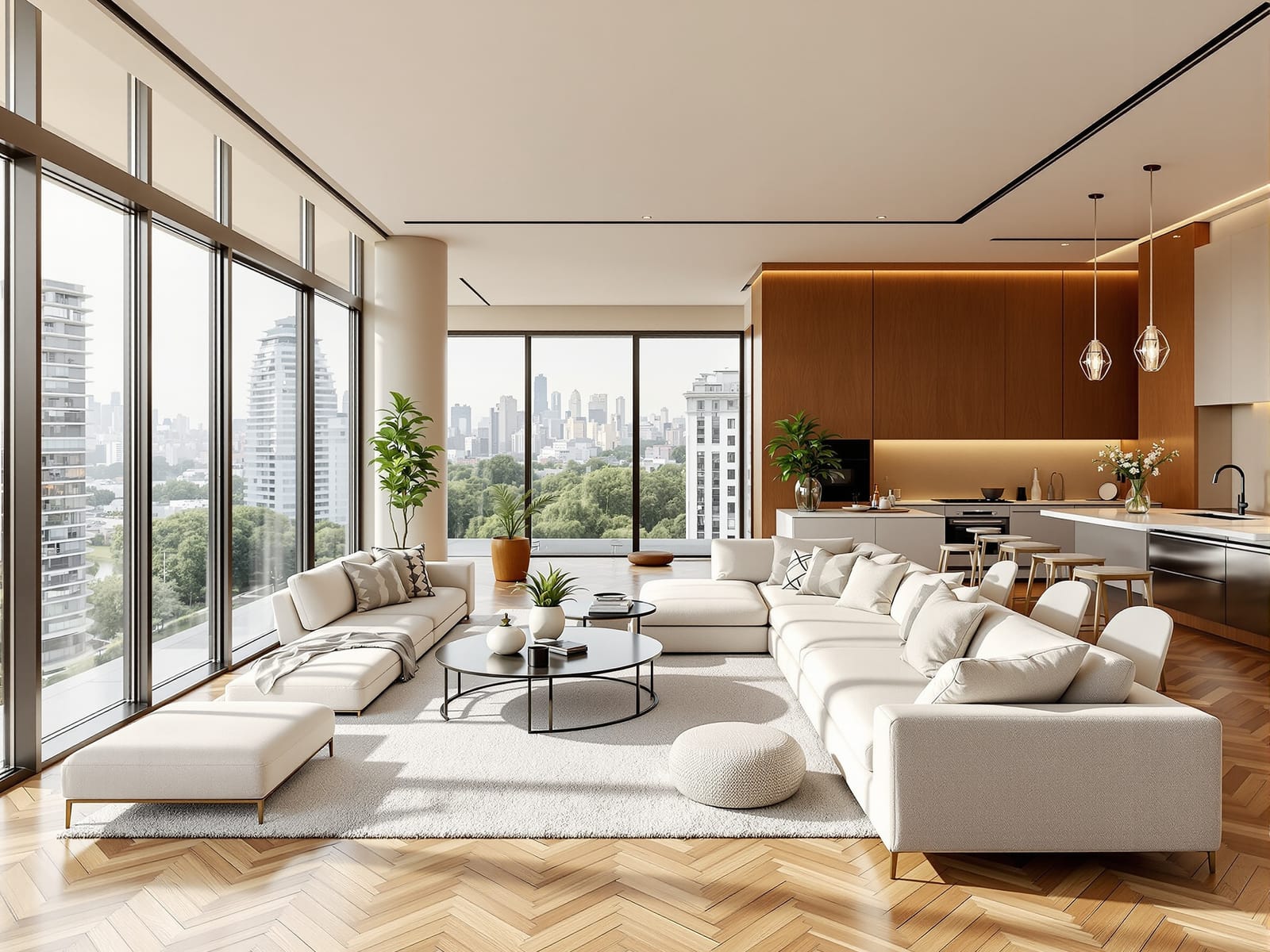 Living comedor con ventanales de piso a cielo y vista al parque