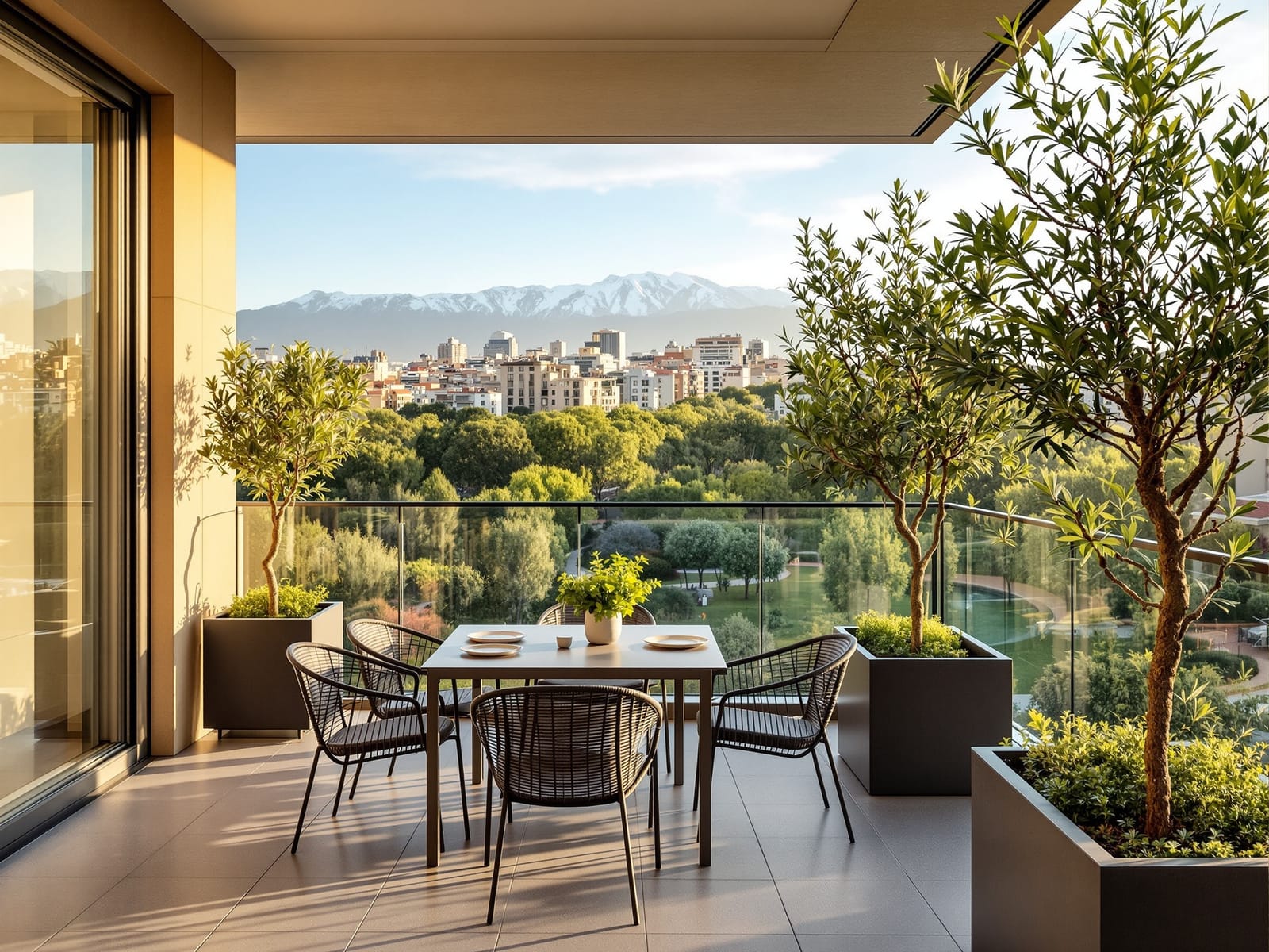Terraza con comedor exterior y vista al Parque Bicentenario