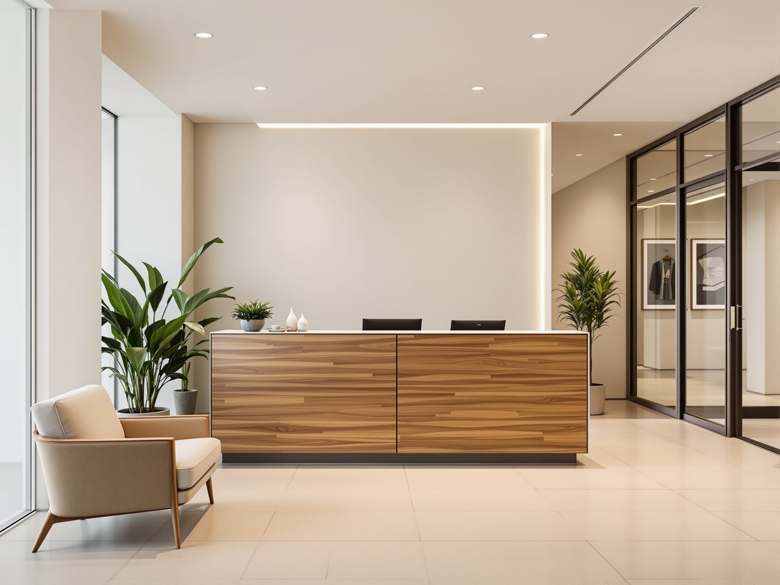 Recepción con mesón de madera y sector de espera